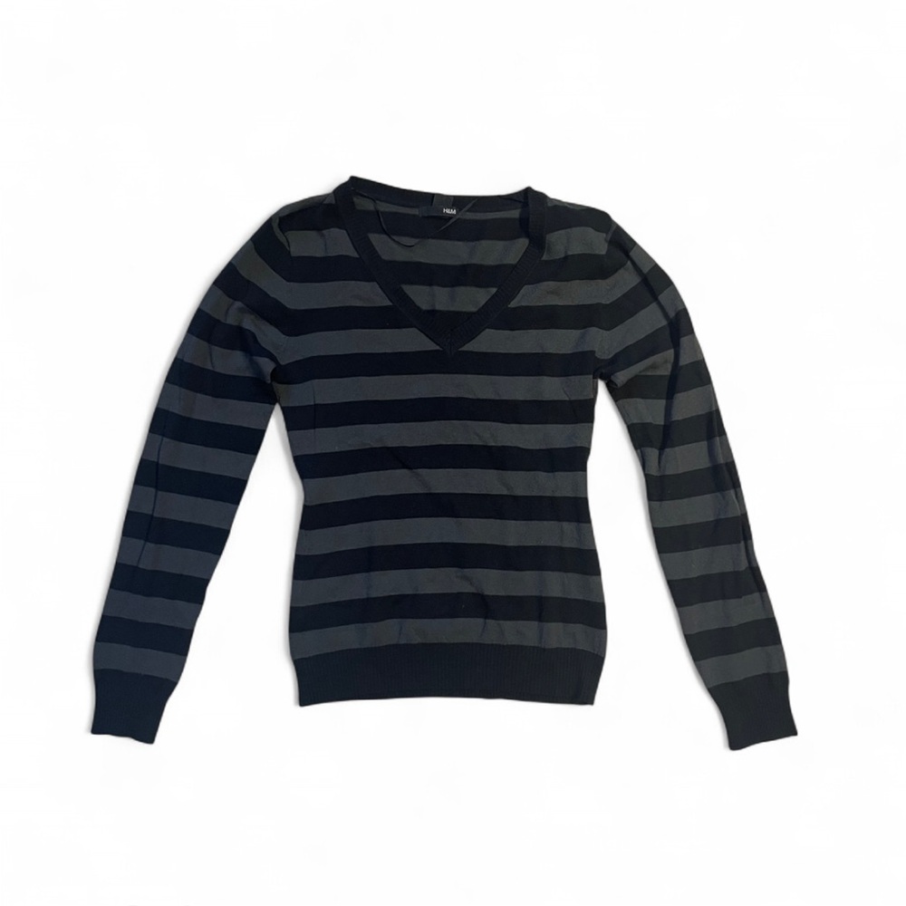 Black and Gray Striped V-Neck Sweater